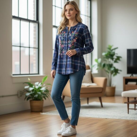 PIONEER WOMAN size small Blue Plaid Floral Embroidered Shirt flannel boho - Picture 1 of 8